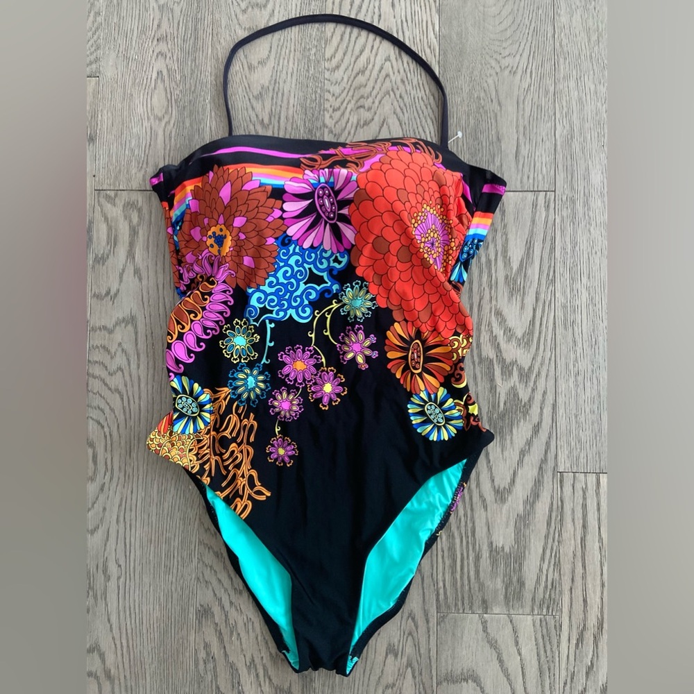 Trina Turk Black Floral One-Piece Swimsuit with Bright Multicolor Print